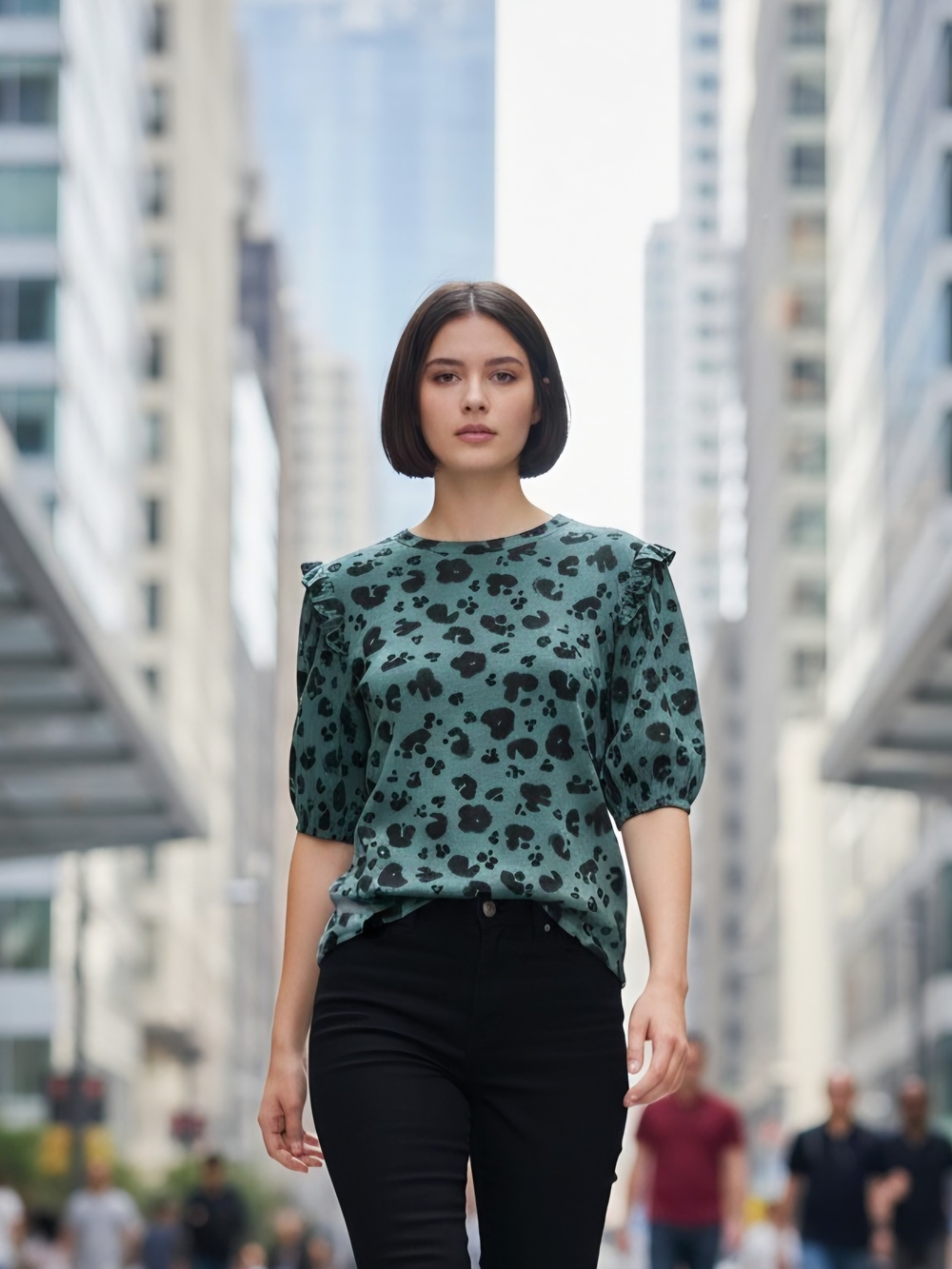 Simply Vera Vera Wang Womens L Green Leopard-Print Puff Sleeve Top